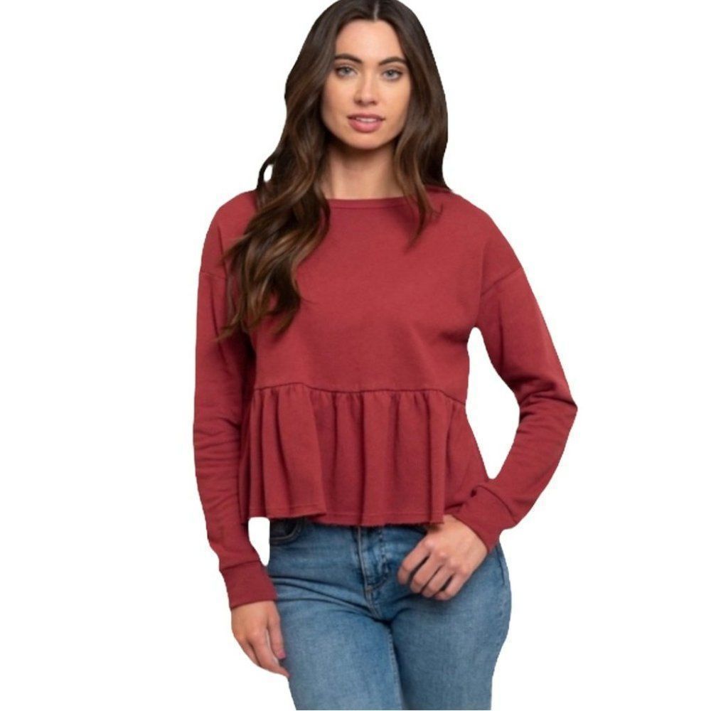Burgundy Ruffle Bottom Peplum Sweatshirt size Large